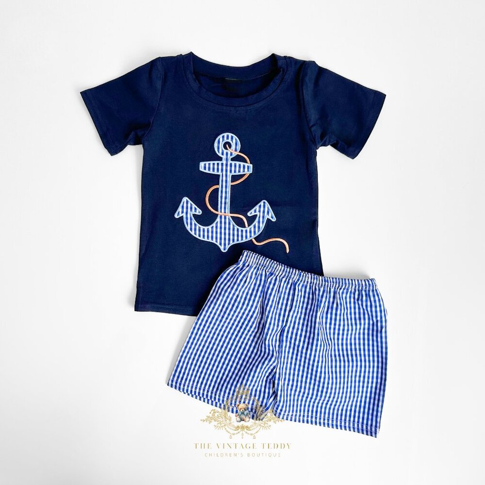 NWT Cute Boys T-shirt & Shorts Matching Set Embroidered Gingham Anchors Away 4T